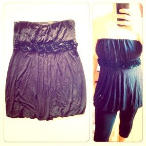 Black strapless knit top with roses